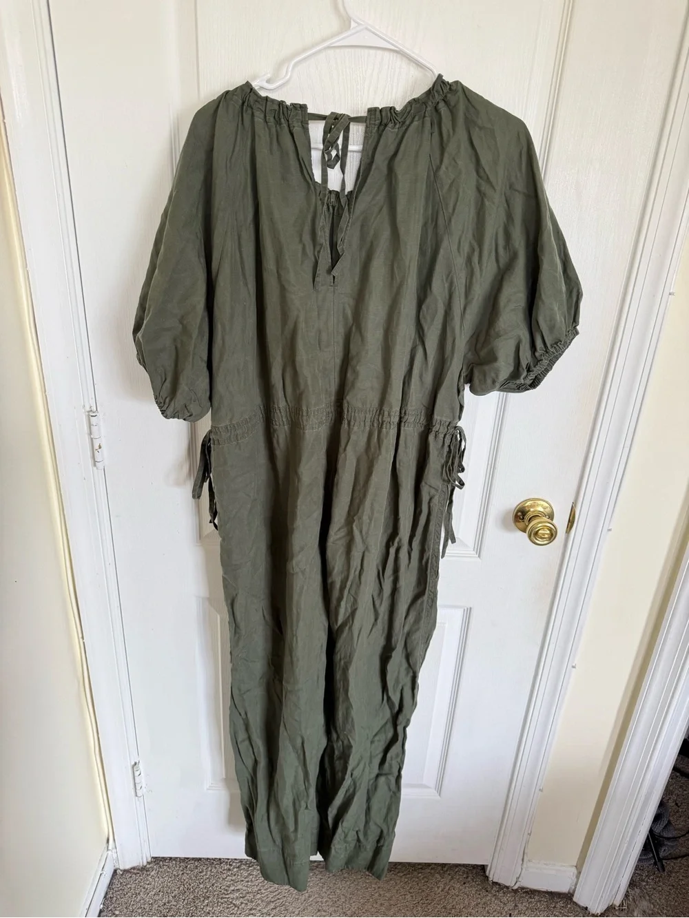 COS Puff Sleeve Olive Green Wide-Leg Jumpsuit